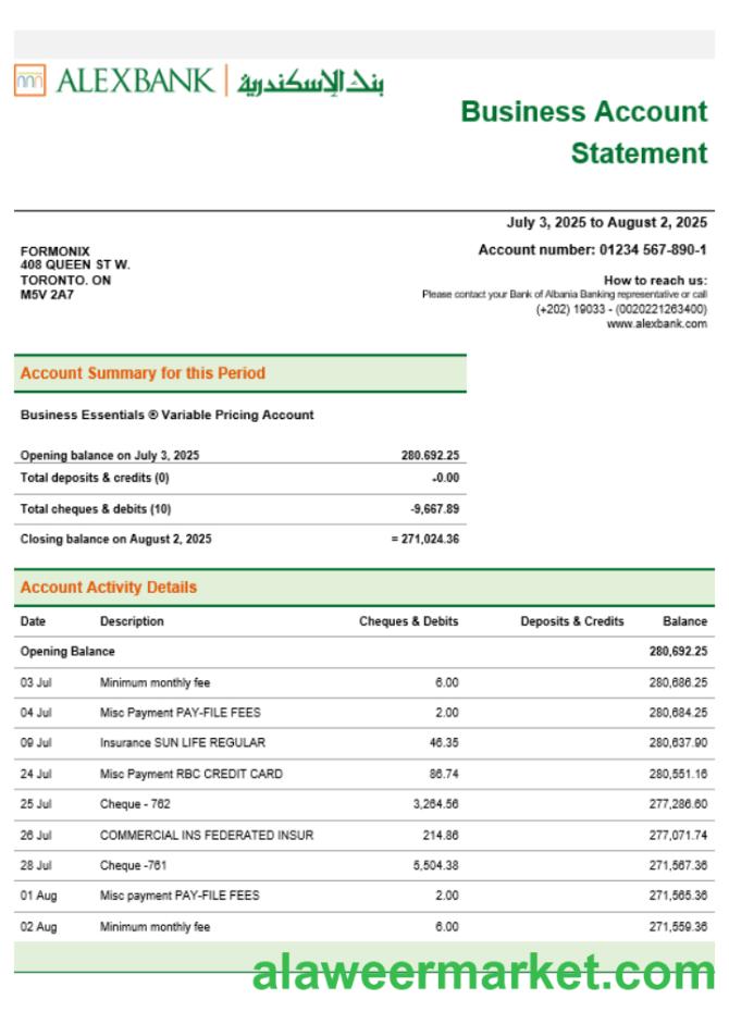 Alex bank company statement Word and PDF format